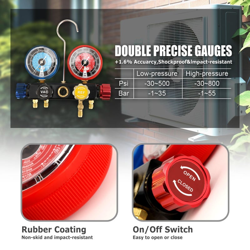 AURELIO TECH UPGRATED Version 4 Way A/C Manifold Gauge Set Fits R134A R410A R404A R22 Refrigerants with 5FT Hose, 3 Acme Tank Adapters, Adjustable Couplers and Can Tap - Image 3
